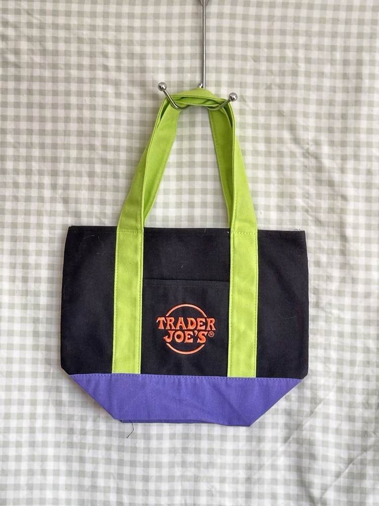 Trader Joe’s Foldable Canvas Shopping Bag Color Block Black Green Purple Tote