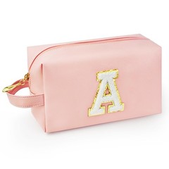 WEMVP Personalized Initial Makeup Bag with Handle, Preppy Cosmetic Pink