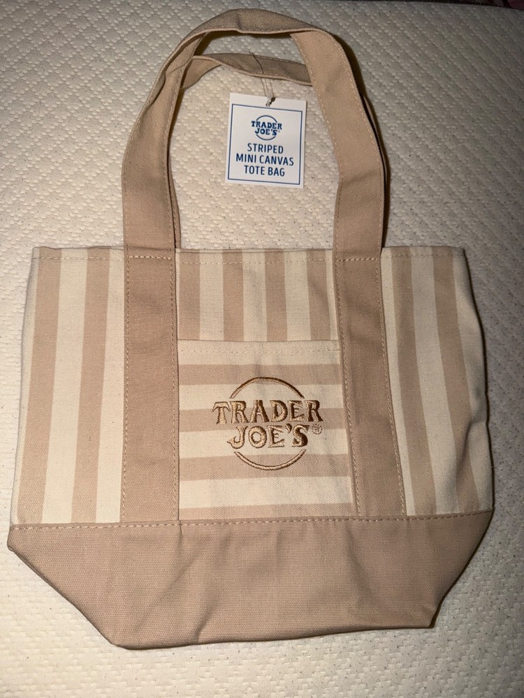 Trader Joe’s Mini Pastel Stripe Canvas Tote Bag Beige Taupe Tan Limited Edition