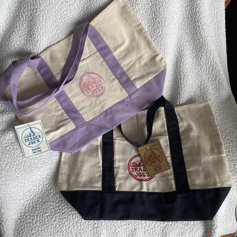2 Trader Joe’s LARGE Canvas Shopping Bag NEW Blue/White & Purple/White