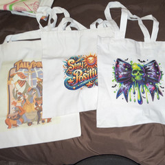 Lot of 3 White Tote Bags 12x12x8 Graphic Print Stay Positive Skull Bow