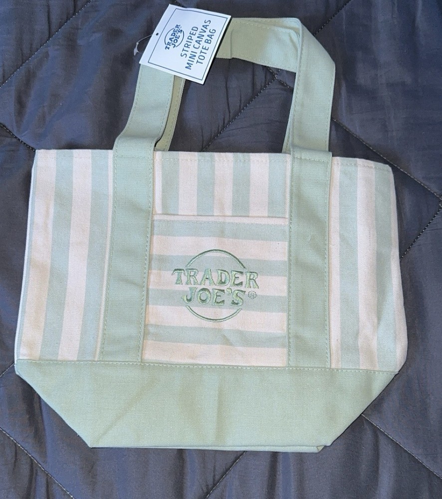 Trader Joe’s Mini Canvas Striped Reusable Tote Bag Green/White 13x6x10