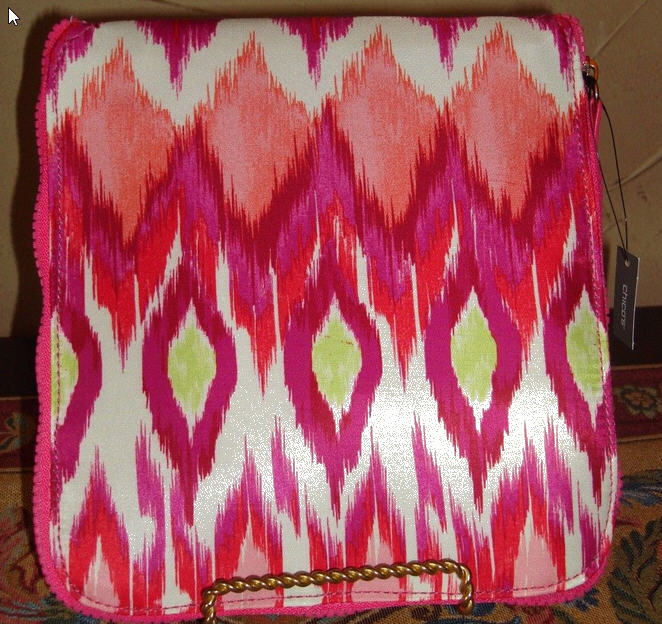 NWT $69 CHICO’S Be Bold Packable Zipper Tote Bag Orange Red Ikat Print