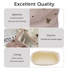 RSRSLEII Corduroy Travel Makeup Bag with Bear Pattern, Cosmetic 01Pink