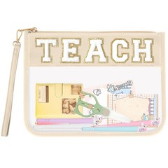 Teacher Appreciation Gifts TEACH Chenille Letter Clear Makeup TEACH, Beige