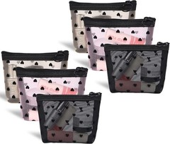 Adorila 6 Pack Mini Mesh Makeup Bags, Heart Print Mini, Black/Beige/Pink