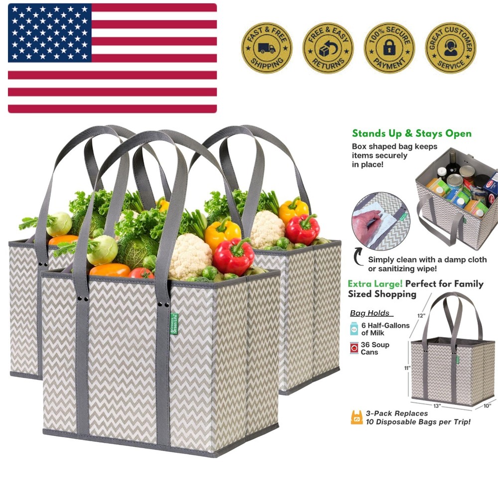Reusable Grocery Bags 3 Pack – Heavy Duty Reusable Shopping Bags with Box Sha…