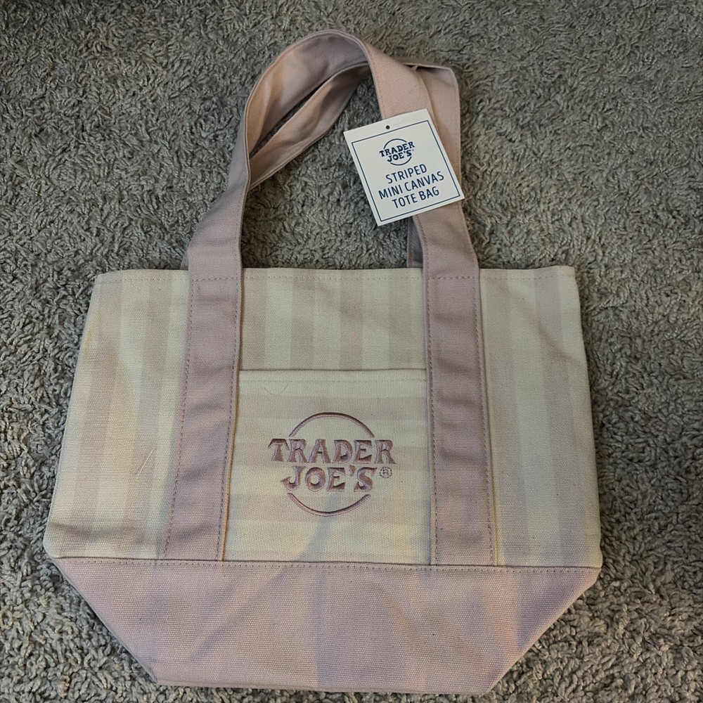Trader Joe’s Mini Pastel Stripe Canvas Tote Bag Beige Taupe Tan Limited Edition