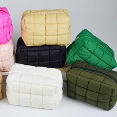 AMZMA Puffy Quilted Makeup Bag for Women, Water-Resistant Military green