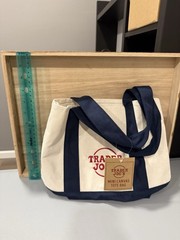 Trader Joe’s Mini Canvas Tote Bag Foldable Navy Blue Beige Small Solid