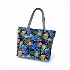 Reusable Tote Bag Flamingo Tropical Print Multicolor/Gray Handles LARGE