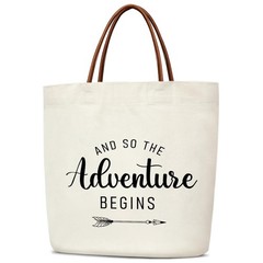 Adventure Begins Women’s Aesthetic Canvas Tote, Grad Gift, Leather Handles