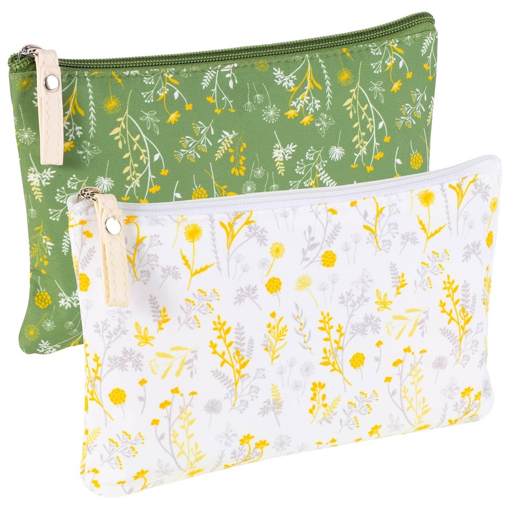 Pengxiaomei 2 Pcs Green Floral Makeup Bags, Small Zipper Cosmetic Bag