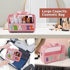 TRIP TIGER Girls Clear Makeup Bag with Chenille Letter Pink/Clear