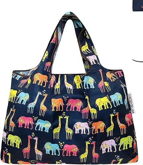 New ALLYDREW LARGE FOLDABLE TOTE Elephants Giraffes Nylon Reusable Grocery Bag