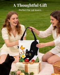 Embroidered Cat Canvas Tote Bag for – Cute 3D Black Cat & Flowers Reusable Ca…