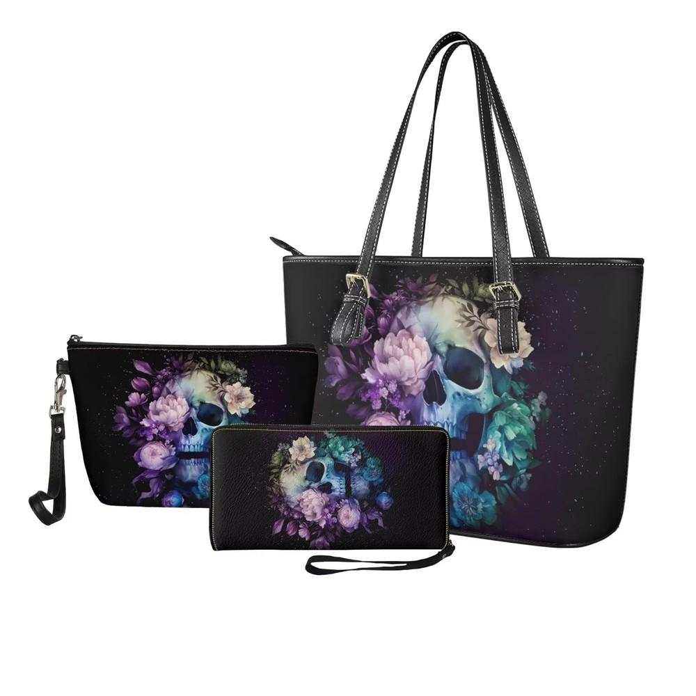 Baxinh Skull Peony Printed Wallet and Purse Set Black Purple-skull