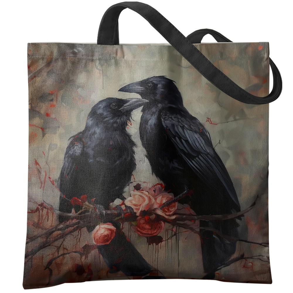 Aesthetic Goth Canvas Tote Bag – Gothic, Black Raven Couple, Women’s Cloth Sh…