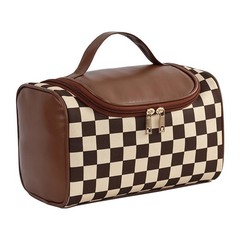 Yikisite Plaid Makeup Bag Large Capacity Travel 9.25 x 6 x 12.5 inches, Brown