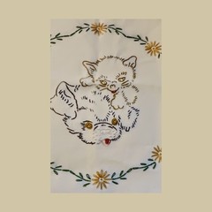 Hand-Embroidered Canvas Reusable Tote Bag–Vintage–Puppy & Kitten