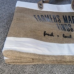 Local Farmers Market Tote Reusable Burlap Grocery Bag with Leather Handle