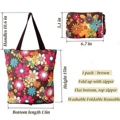 Reusable Foldable Grocery Bags Folding Shopping Tote with ZipperBrown Floral