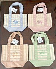 TRADER JOES SET OF 4 MINI CANVAS STRIPED TOTE BAGS LIGHT GREEN, PINK, BLUE & TAN