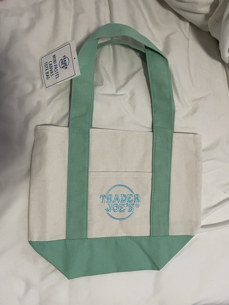 Trader Joe’s Mini Canvas Tote Bag Small Beige Green Solid Pattern