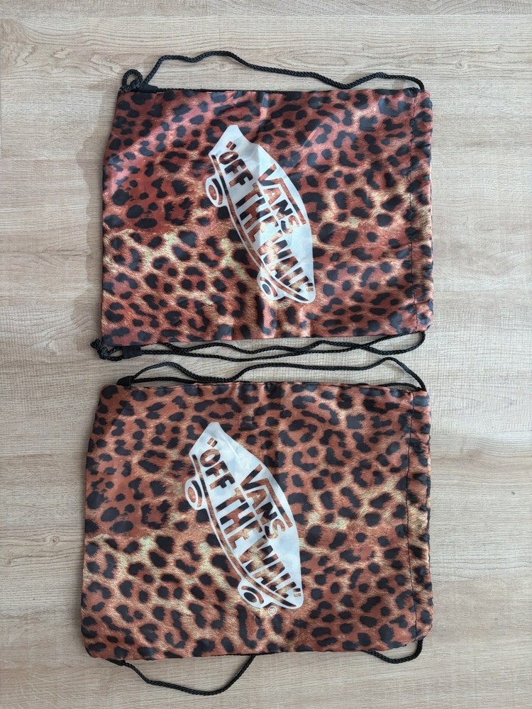 (2) VANS Leopard Print Mesh Backpack Nylon Drawstring 16x12x16 Brown/Black