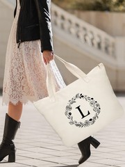 Personalized Initial Canvas Tote Bag with Zipper, Present Bag with Inner Pock…