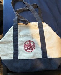 Trader Joe’s Canvas Tote Bag Beige/Blue Red Logo Reusable 26x16x8 in used