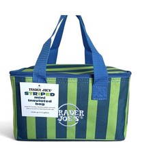 Trader Joes Insulated Mini Striped Tote Bag Blue Green Lunch Cooler Foldable NWT