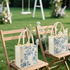 6 Pcs Chinoiserie Burlap Tote Bags Blue White Floral Bird Jute Bag Reusable B…