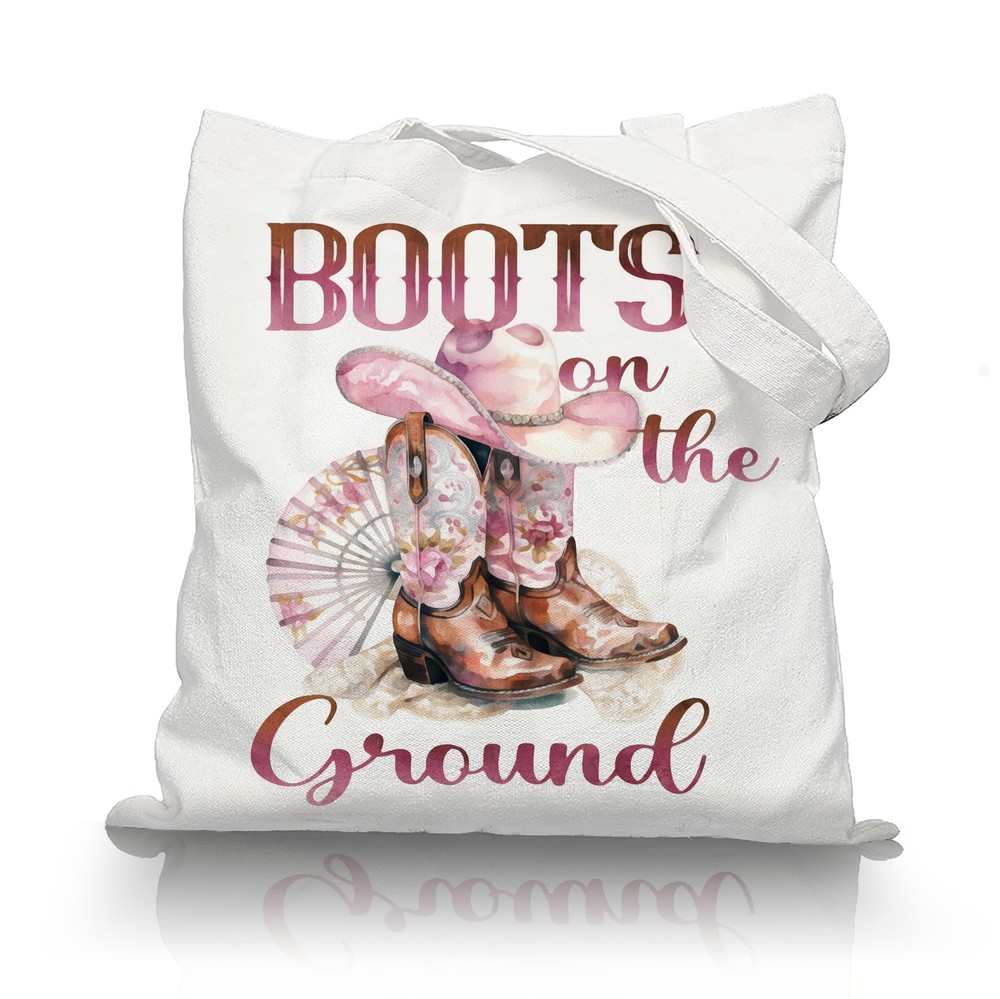 Pink Cowboy Boots Tote Bag, Western Fashion Canvas Bag with Boots on the Grou…