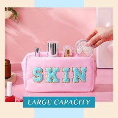 Cunno 4 Pcs Preppy Makeup Bag Chenille Letter Nylon Cosmetic Light Color