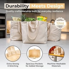 XL Canvas Grocery Tote Bags 3pc Set – Heavy Duty, Foldable, Washable, Pockets, L