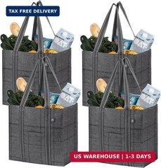 4 Pack Reusable Grocery Bags w/ Hard Bottom Heavy Duty Shopping Cart Totes