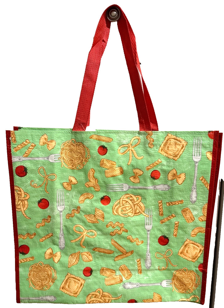 HOMEGOODS REUSABLE LARGE TOTE SHOPPING BAG 20″ X 18″ PASTA TOMATO FORK GREEN NEW