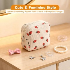 YKEBVPW Mini Makeup Pouch Small Strawberry Corduroy Quilted Cosmetic Beige