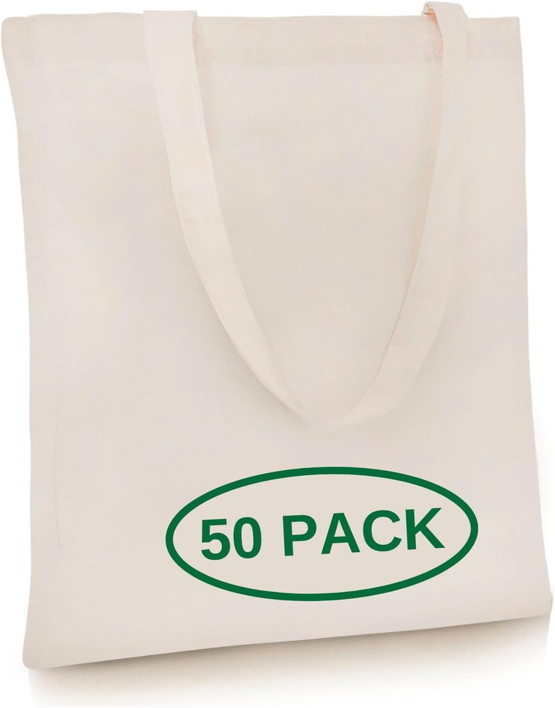 50-Pack Canvas Tote Bags Bulk, Reusable, Grocery Medium Lightweight Cotton Cloth