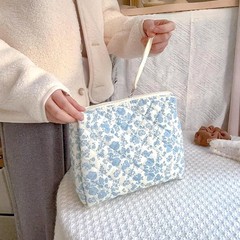 Makeup Bag Large Travel Quilted Cosmetic Organizer, Blue Floral