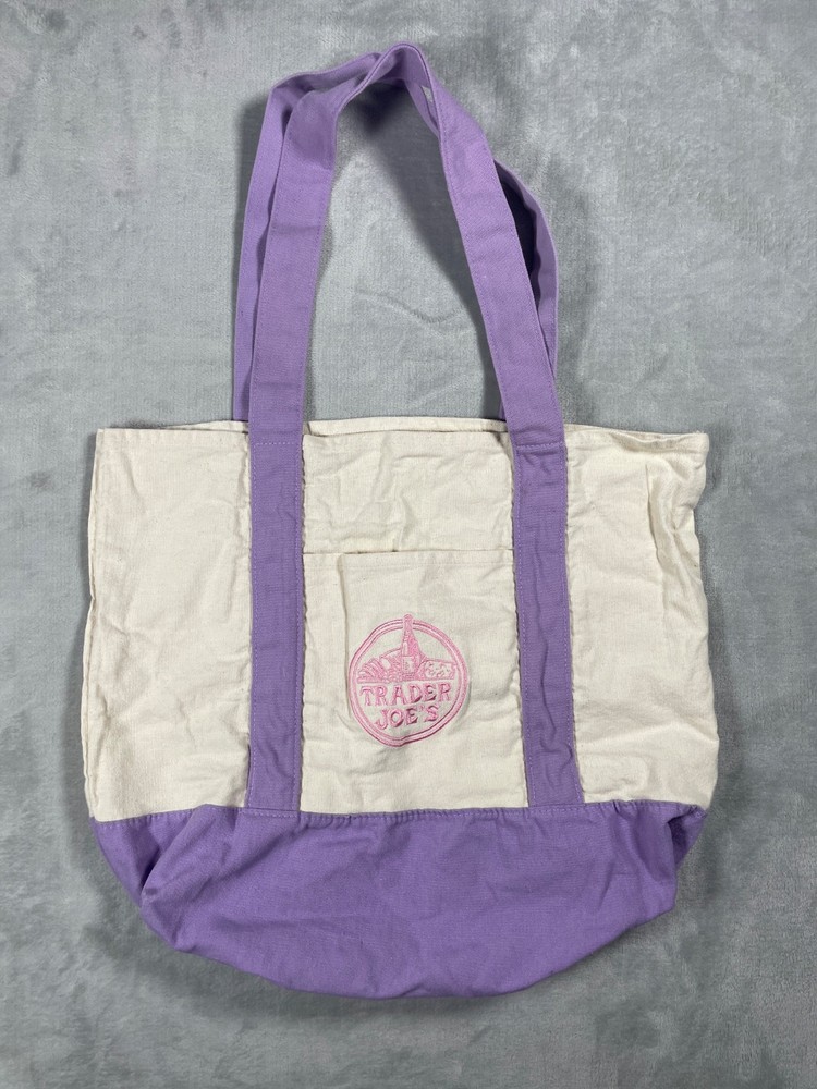 Trader Joe’s Canvas Tote Bag Purple Cream Reusable Grocery Shopping Beach Bag