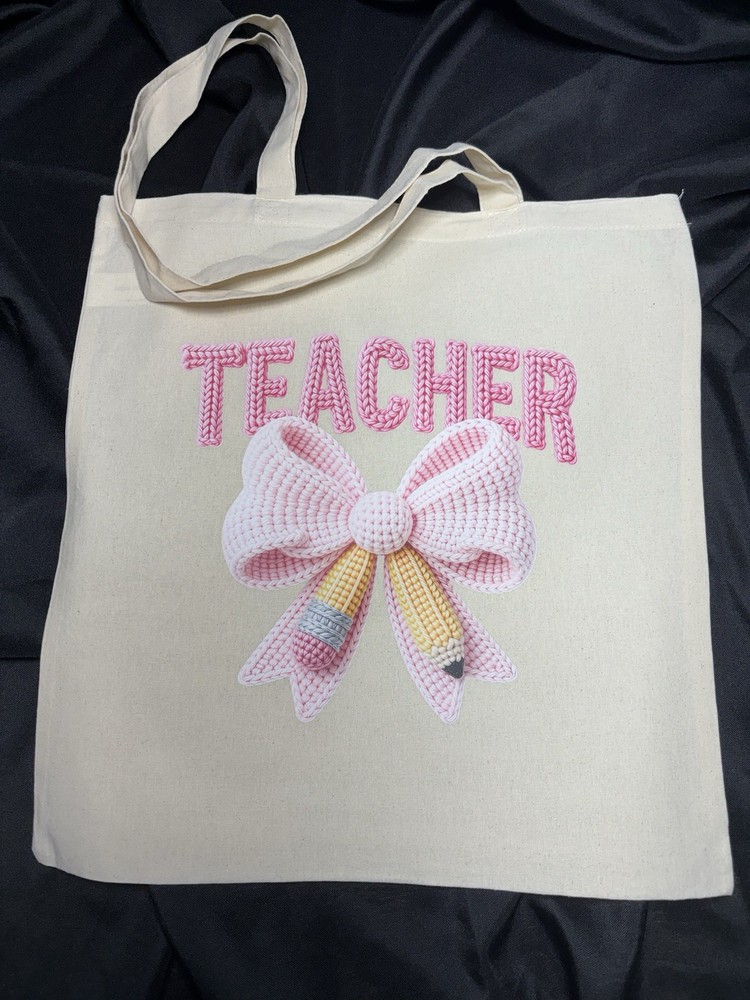 Canvas Foldable Tote Bag, Teacher Bow Pencil Text Pattern, Beige, Medium