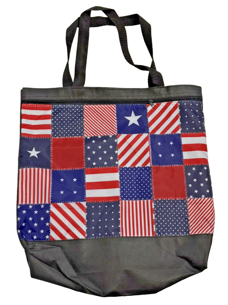 Americana Stars and Stripes Nylon Front Cloth Tote Reusable Shopping Bag