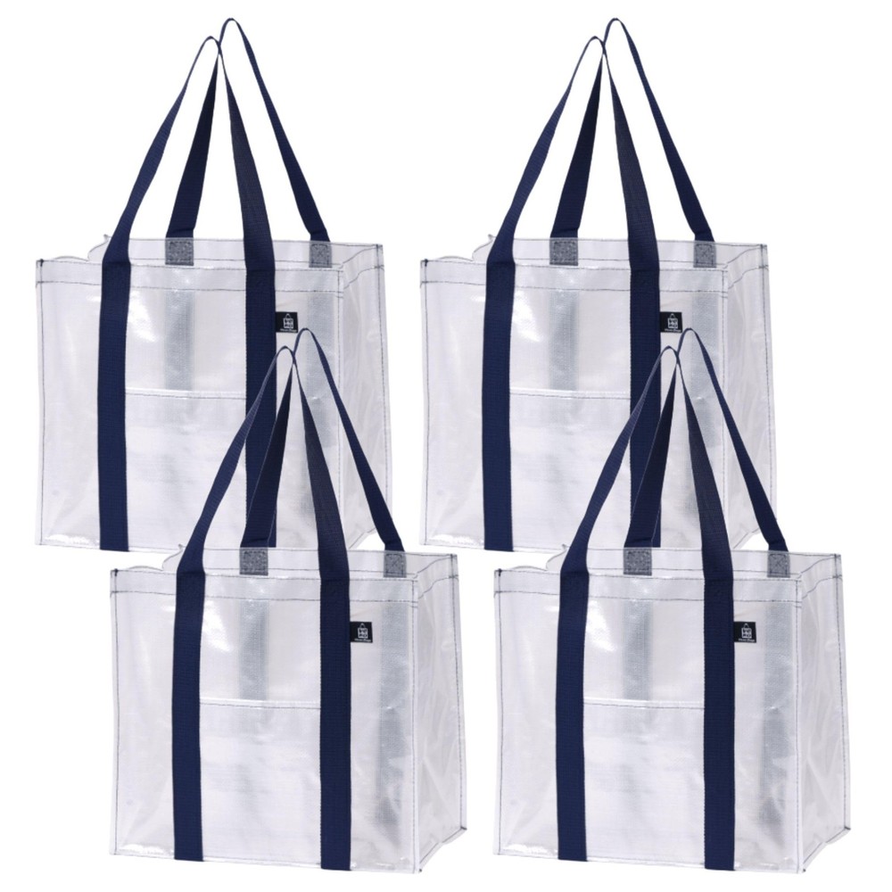 4 PCS Clear Foldable Reusable Grocery Shopping Bags Hard Bottom Heavy Duty