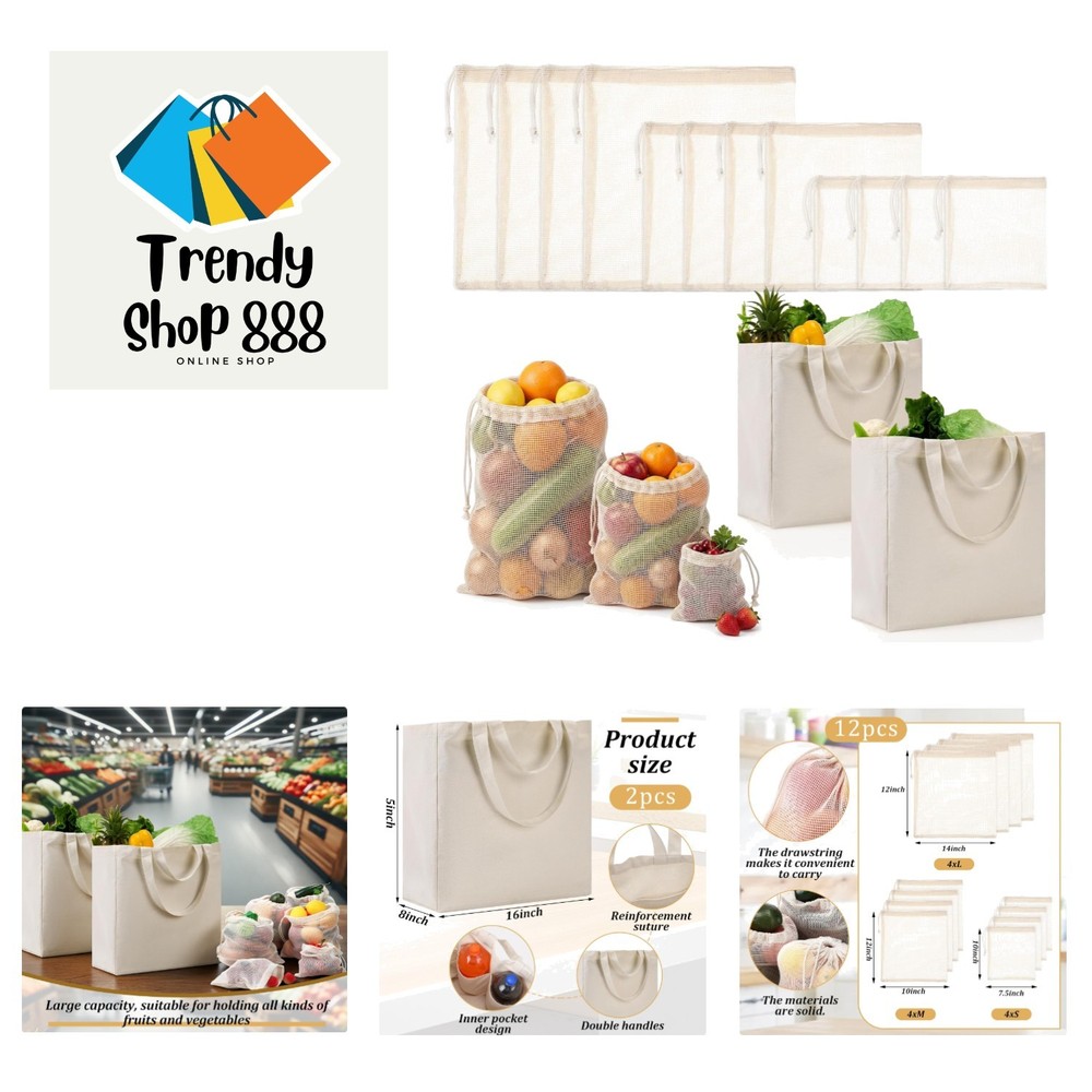 Reusable Grocery Bag Set – 2 Extra Large Canvas Tote Bags with Handle + 12 Me…