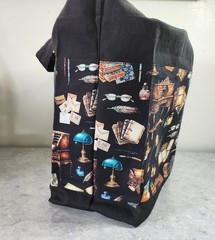 Tote Market Book Bag Novelty Fabric Bookworm on Black Canvas Handmade