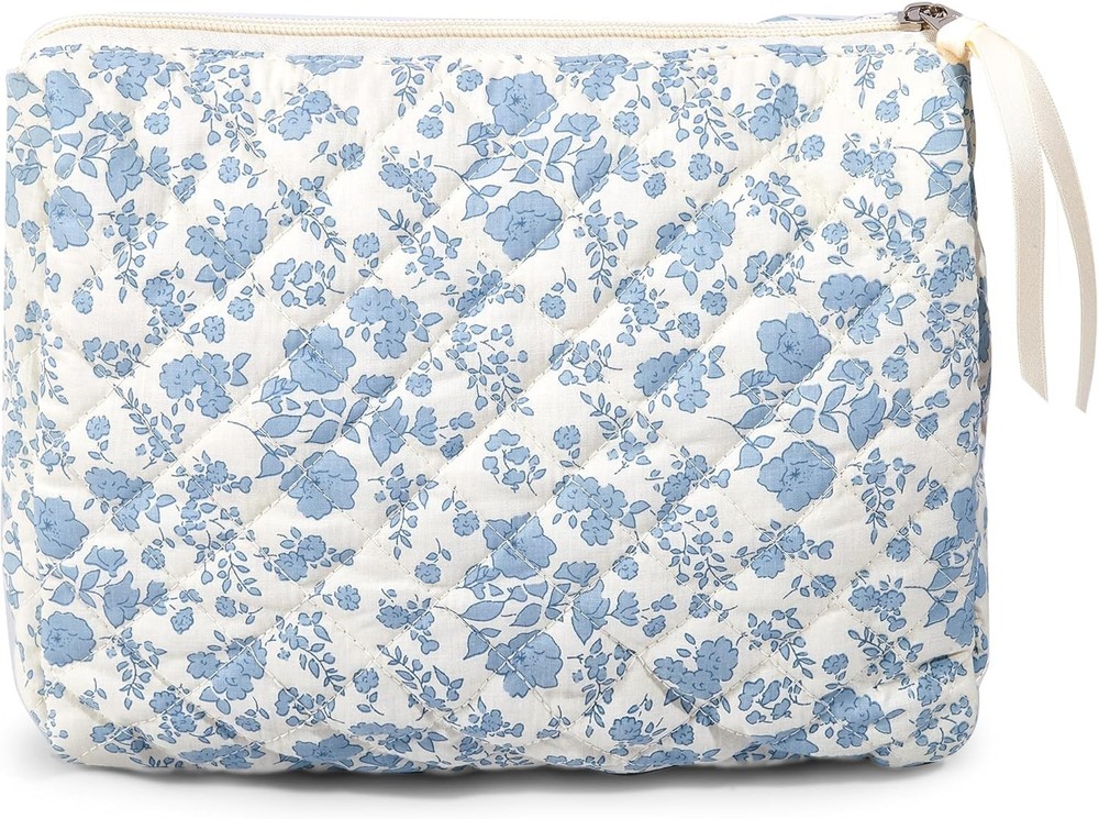 Makeup Bag Large Travel Quilted Cosmetic Organizer, Blue Floral