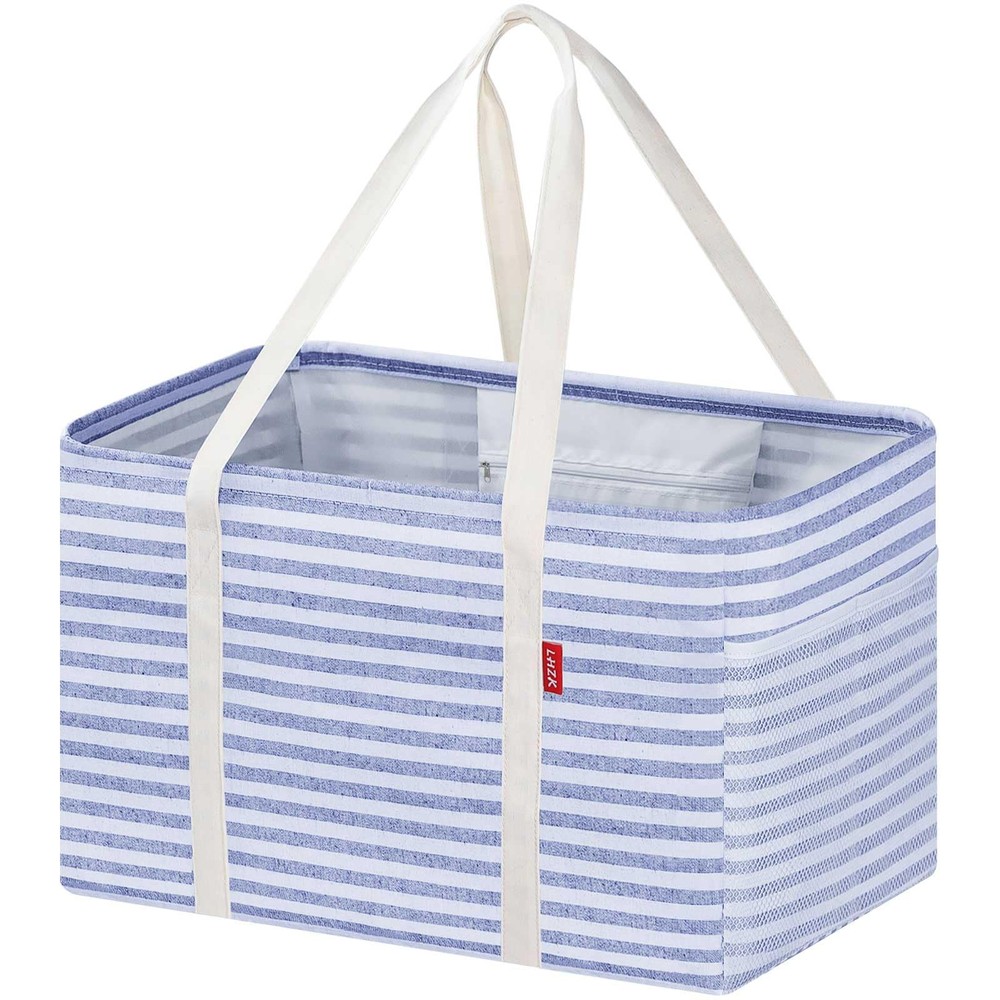 Blue Large Standing Foldable Utility Tote Grocery Bag 18.5×11.8×11.5 Inch