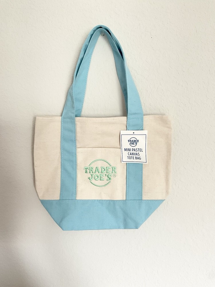 Viral Trader Joe’s Canvas Mini Tote Bag Beige With Light Blue Straps